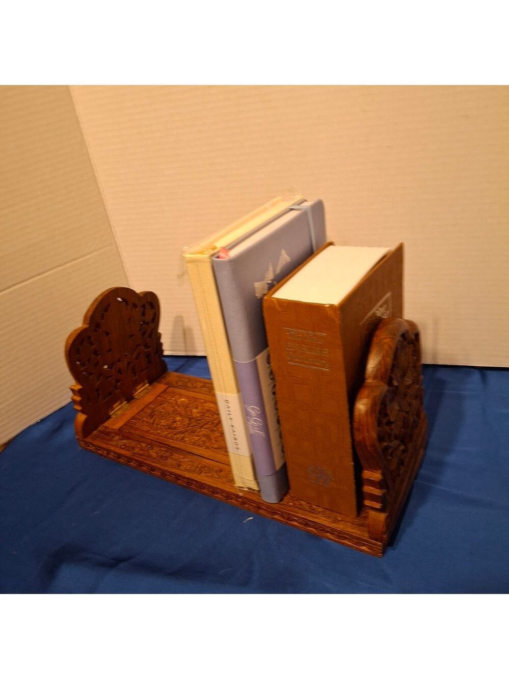 Vintage Carved Wooden Bookends with Maple Leave and Intricate Floral Motif